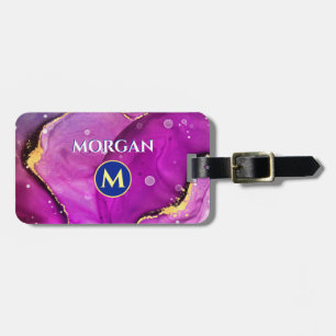 Étiquette À Bagage Encre liquide rouge violet et or, monogramme et no