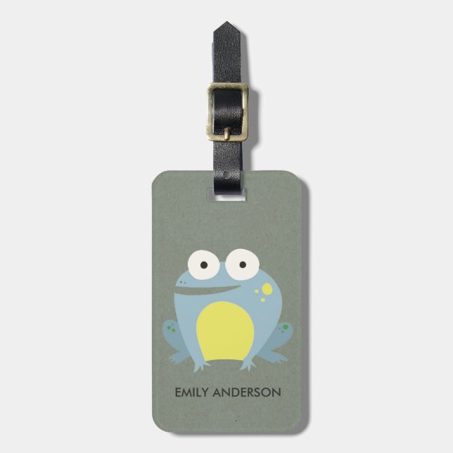ÉTIQUETTE À BAGAGE ENFANTS CUT PERSONNALISÉ BLEU GREEN GRAY BÉBÉ FROG (Devant Vertical)