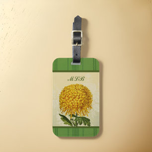 Étiquette À Bagage Énorme Chrysanthème Or avec Monogramme Damas Vert