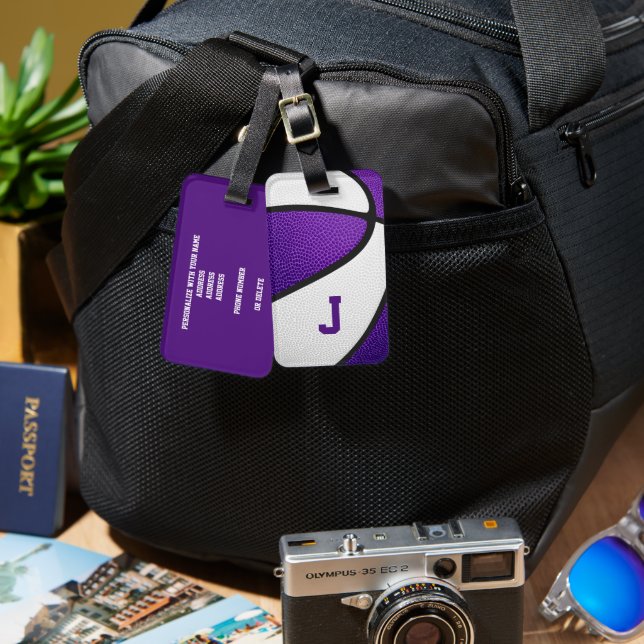 Étiquette À Bagage équipe violette couleurs monogrammée basketball (Recto & Verso)