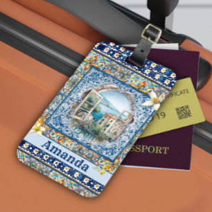 Étiquette À Bagage été italie carreaux bleu floral citrus monogramme