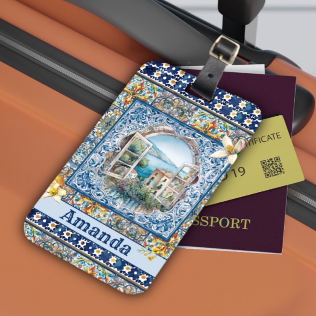 Étiquette À Bagage été italie carreaux bleu floral citrus monogramme (Créateur téléchargé)