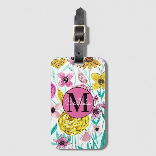 Étiquette À Bagage Été rose Fleurs Jaunes Aquarelle Monogramme (Devant Vertical)