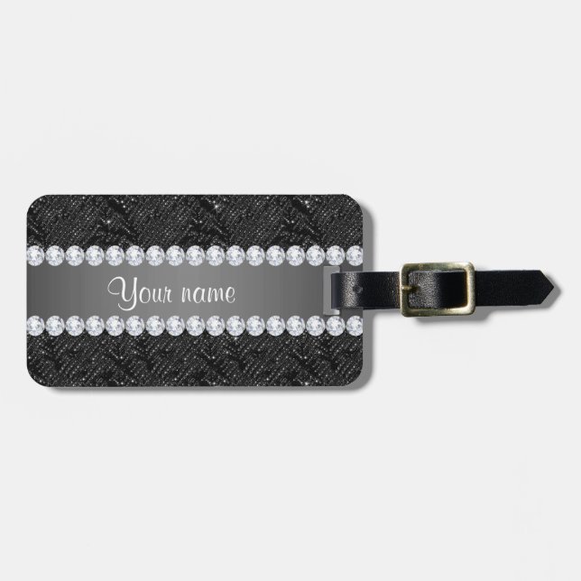 Étiquette À Bagage Étincelles et diamants noirs de paillettes de Faux (Devant horizontal)