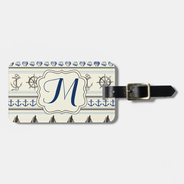 Étiquette À Bagage Étiquette Ancre nautique corde Monogramme (Devant horizontal)
