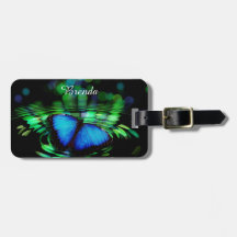 Étiquette bleue de bagage de papillon avec le