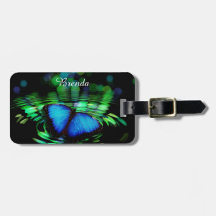 Étiquette À Bagage Étiquette bleue de bagage de papillon avec le