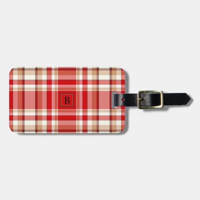 Étiquette À Bagage Étiquette bronzage et rouge de bagage de plaid (Devant horizontal)