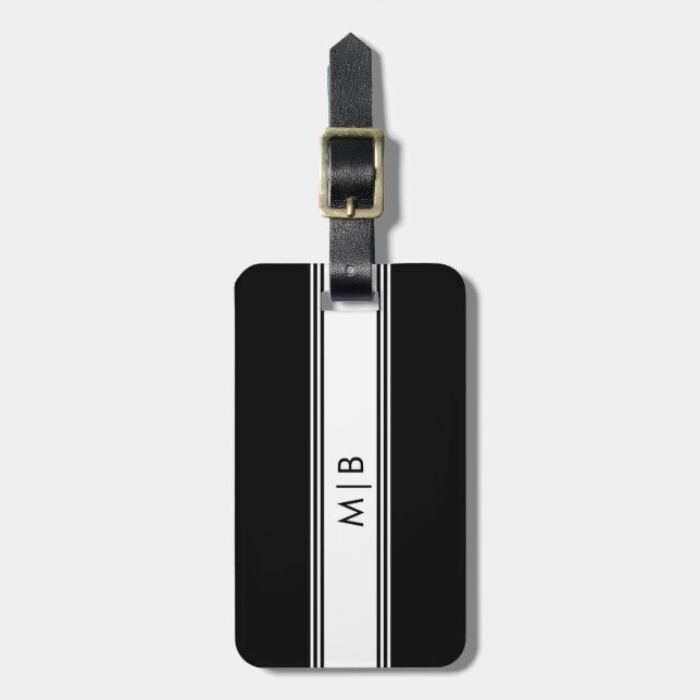 Étiquette À Bagage Étiquette classique moderne Noir Blanc Monogramme  (Devant Vertical)