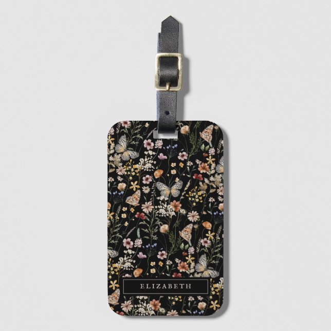 Étiquette À Bagage Étiquette de bagage à motif floral monogramme (Devant Vertical)