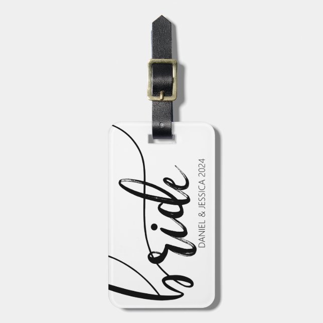 Étiquette À Bagage Étiquette de bagage avec noms de mariée écriture é (Devant Vertical)