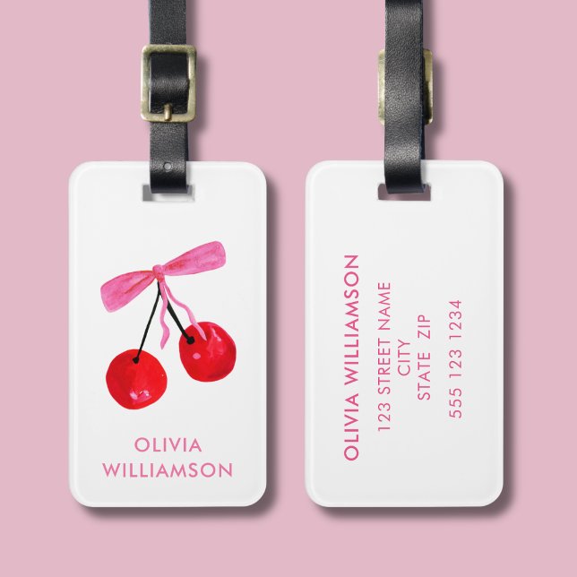 Étiquette À Bagage Étiquette de bagage Coquette Cerise & Rose (Coquette Cherry & pink bow pattern luggage tag)