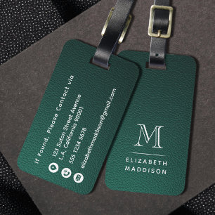 Étiquette À Bagage Étiquette de bagage en cuir vert faux et initiale