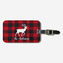 Étiquette de bagage plaid rouge et renne | Cadeau