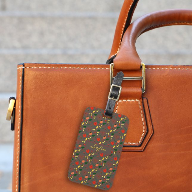Étiquette À Bagage Étiquette rouge jaune fleur sauvage marron motif (Créateur téléchargé)