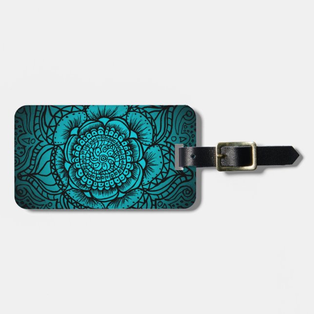 Étiquette À Bagage Étiquette turquoise de bagage de mandala (Devant horizontal)