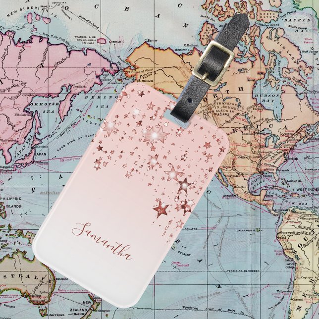 Étiquette À Bagage Étoiles roses dorées rose pâle script monogramme (Créateur téléchargé)