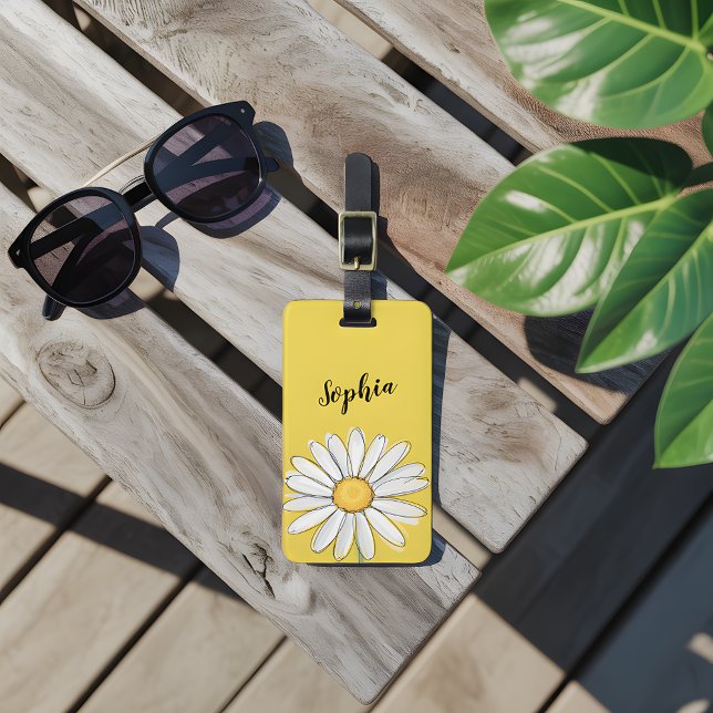 Étiquette À Bagage Faisée personnalisée Floral Jaune Nom du script (Créateur téléchargé)