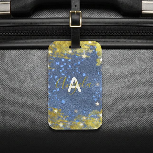 Étiquette À Bagage Fancy Starry Glittery Bleu Et Gold Girl Personnali (Créateur téléchargé)