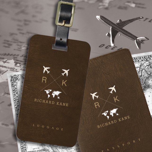 Étiquette À Bagage Faux Brown Cuir Élégant Classy Nom du voyageur (Créateur téléchargé)