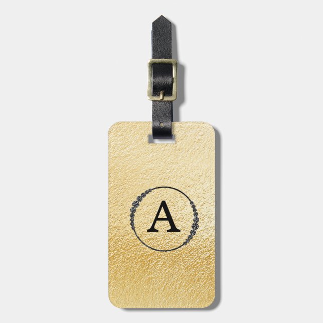 Étiquette À Bagage *~* Faux Gold Foil + Black Monogramme Diamant Blin (Devant Vertical)