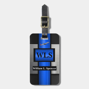 Étiquette À Bagage Faux Métal Bleu Gris Noir Monogramme