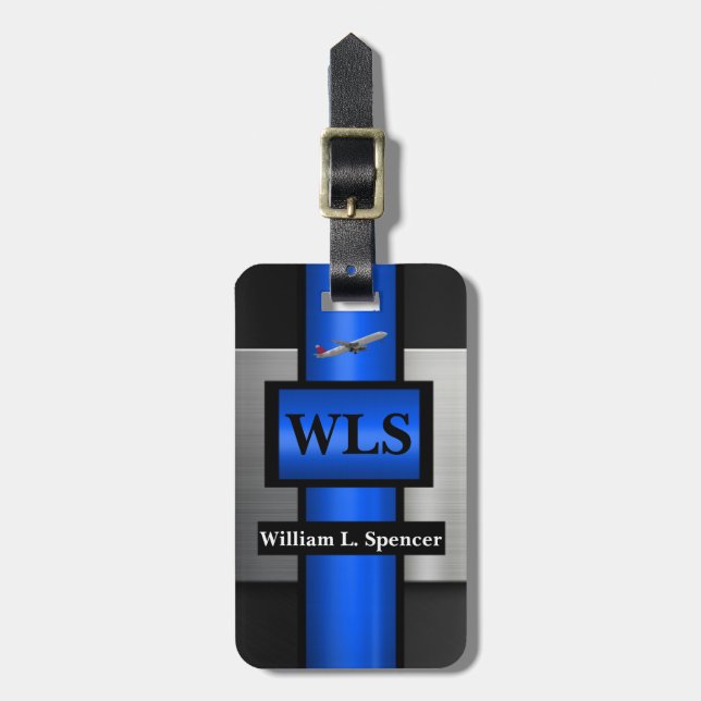 Étiquette À Bagage Faux Métal Bleu Gris Noir Monogramme (Devant Vertical)