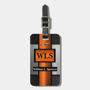 Étiquette À Bagage Faux Métal Orange Noir Gris Monogramme