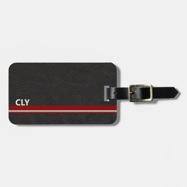 Étiquette À Bagage Faux Noir Cuir Monogramme Rouge foncé Barre (Devant horizontal)