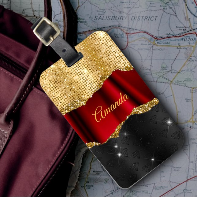 Étiquette À Bagage Faux Parties scintillant élégantes Red Gold noir m (Créateur téléchargé)