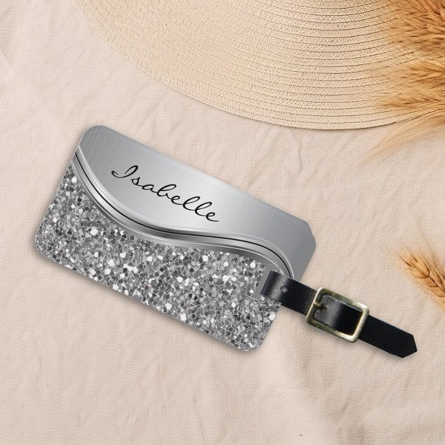 Étiquette À Bagage Faux Parties scintillant en argent Glam Bling Méta (Créateur téléchargé)