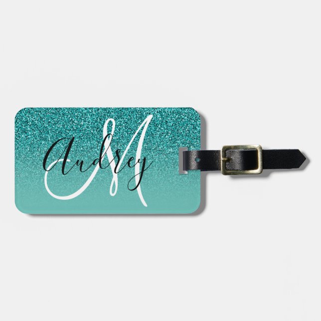 Étiquette À Bagage Faux Turquoise Parties scintillant Ombre Monogramm (Devant horizontal)