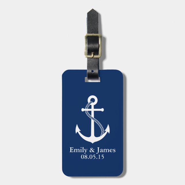 Étiquette À Bagage Faveur nautique de mariage d'Ancre de bleu marine (Devant Vertical)
