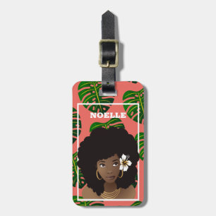 Étiquette À Bagage Femme noire avec fleur, Feuilles verts tropicaux, 