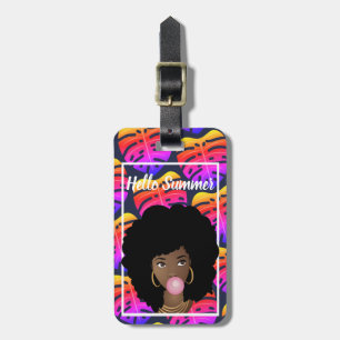 Étiquette À Bagage Femme noire, Bonjour Feuilles tropicaux colorés d'
