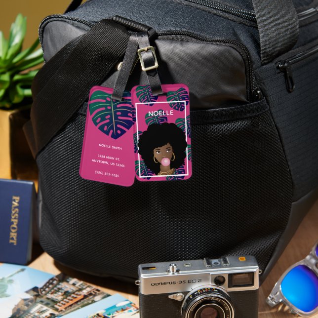 Étiquette À Bagage Femme noire, Bubblegum, Feuilles tropicaux, Rose c (Recto & Verso)