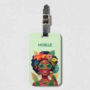 Étiquette À Bagage Femme noire, fleurs tropicales et perroquet