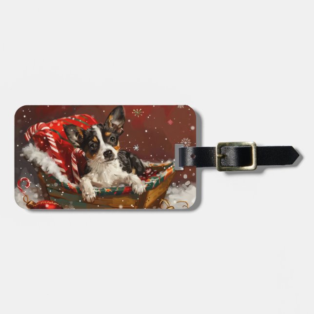 Étiquette À Bagage Festive de Noël de chien de Rat Terrier (Devant horizontal)