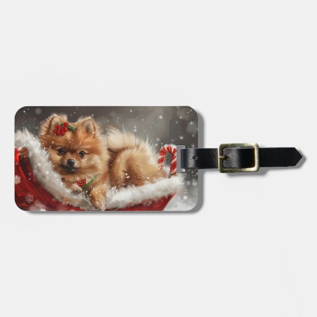 Étiquette À Bagage Fête de Noël de Chien de Poméranie (Devant horizontal)