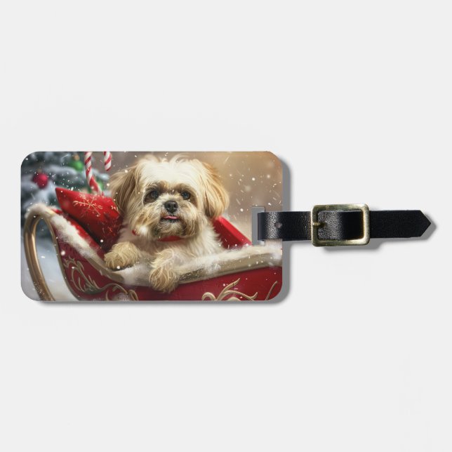 Étiquette À Bagage Fête de Noël de Chien Malti Tzu (Devant horizontal)