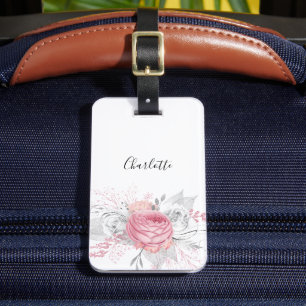 Étiquette À Bagage Feuillage rose floral argenté nom blanc élégant