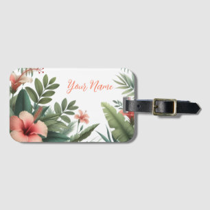 Étiquette À Bagage Feuillage tropical et fleur d'Hibiscus du corail