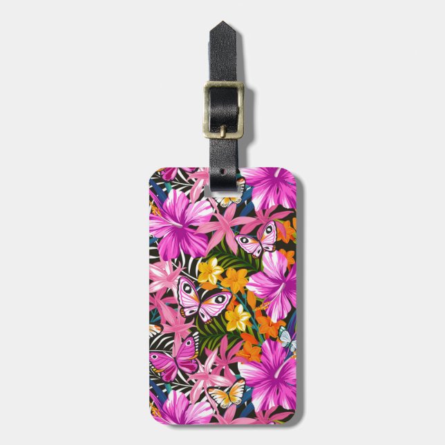 Étiquette À Bagage Feuille et fleurs tropicaux (Devant Vertical)