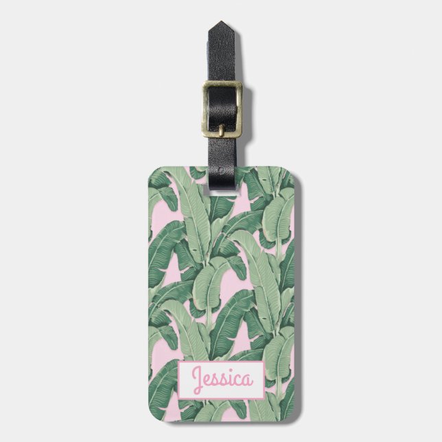 Étiquette À Bagage Feuilles de bananes tropicales roses (Devant Vertical)