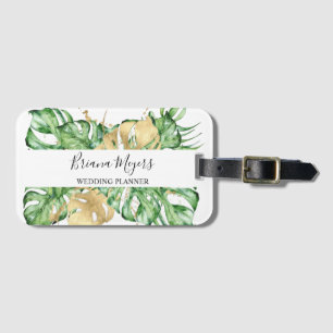 Étiquette À Bagage Feuilles de palmier tropicales dorées à l'aquarell