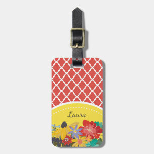 Étiquette À Bagage Fiesta Rouge Floral Quatrefoil d'été avec nom