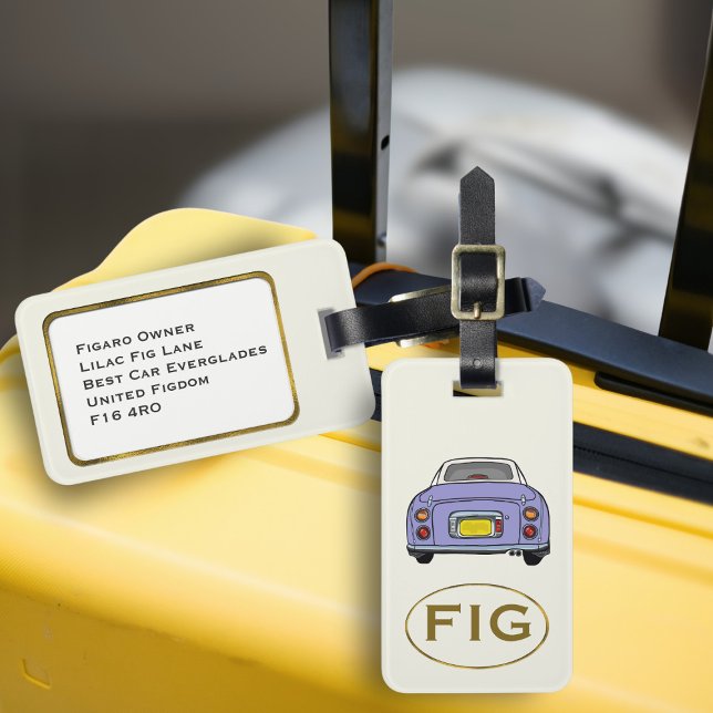 Étiquette À Bagage Figarations Monogram Lilac Figaro Voiture Balise B (Fun lilac figgy luggage tag for your road trip adventures. Just add your address details and initial)