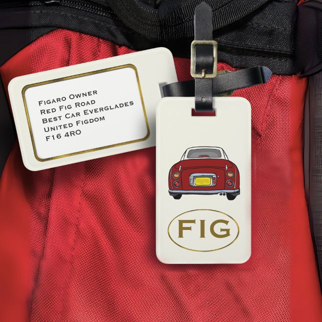 Étiquette À Bagage Figarations Monogramme Rouge Figaro Voiture Balise (Fun red figgy luggage tag for your road trip adventures. Just add your address details)