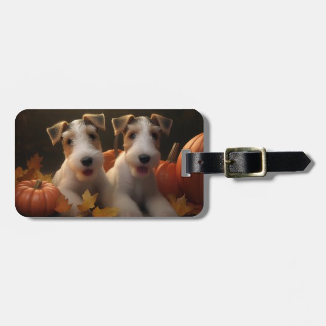 Étiquette À Bagage Fil Fox Terrier Puppy Automne Citrouille de plaisi (Devant horizontal)