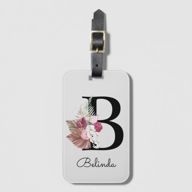 Étiquette À Bagage Fille Boho rose moderne Floral Initiale B (Devant Vertical)
